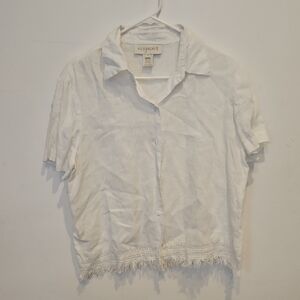 Easy Spirit Cream Button Down Shirt with Fringe Hem